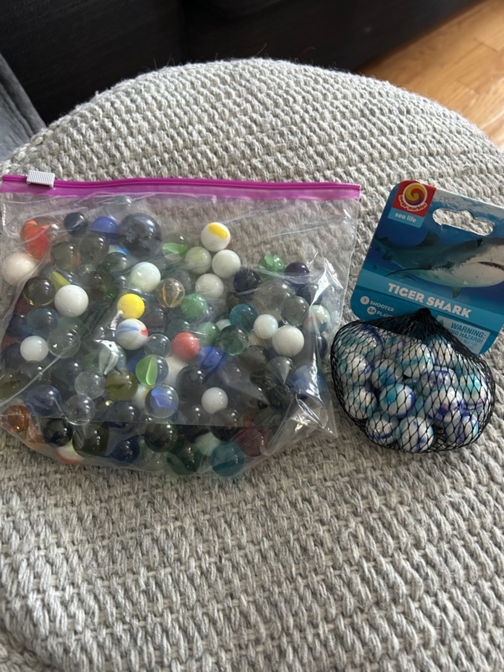 Bag of Assorted Glass Marbles with Bagged Tiger Shark Marbles